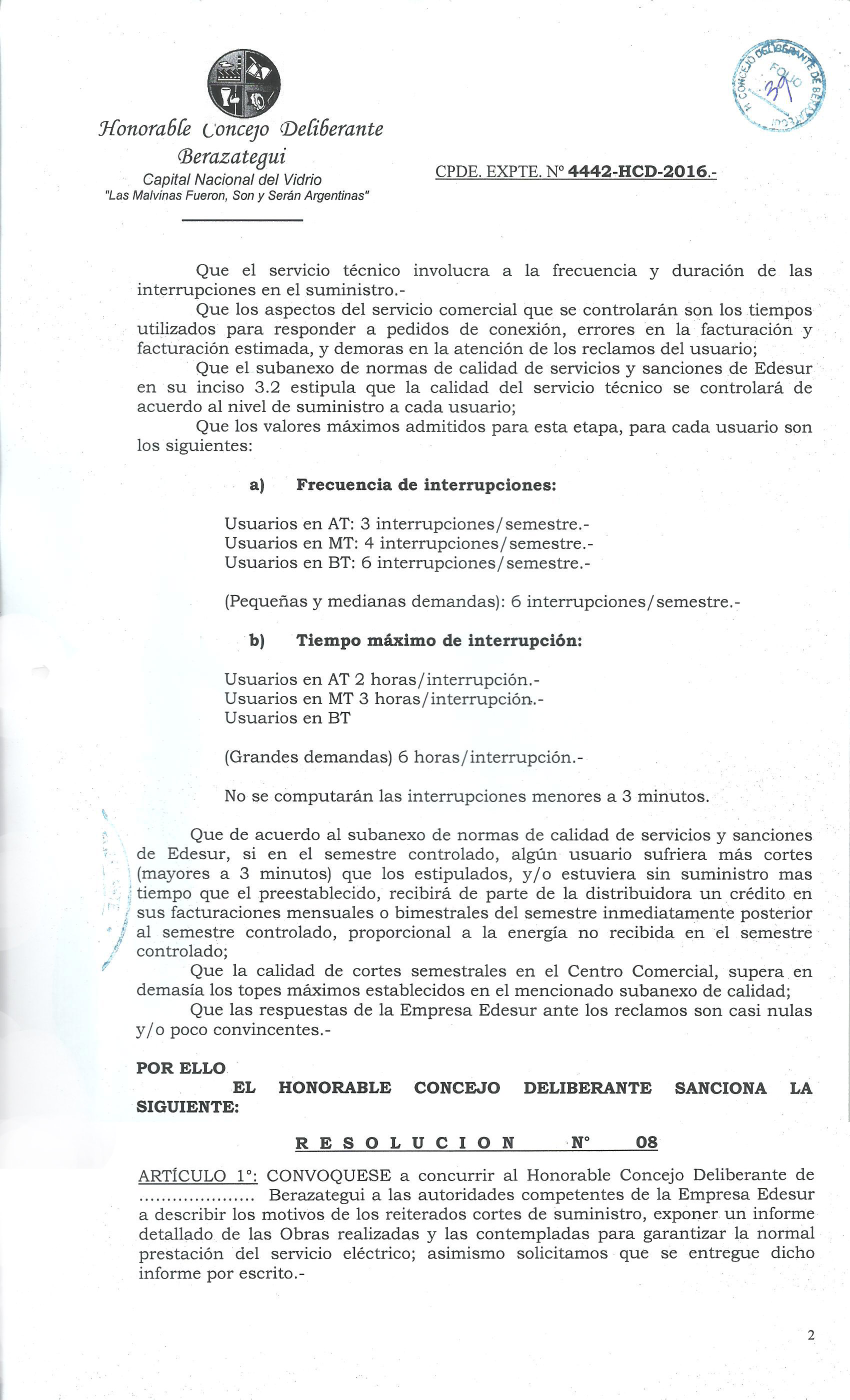 El HCD de Berazategui convocó a EDESUR