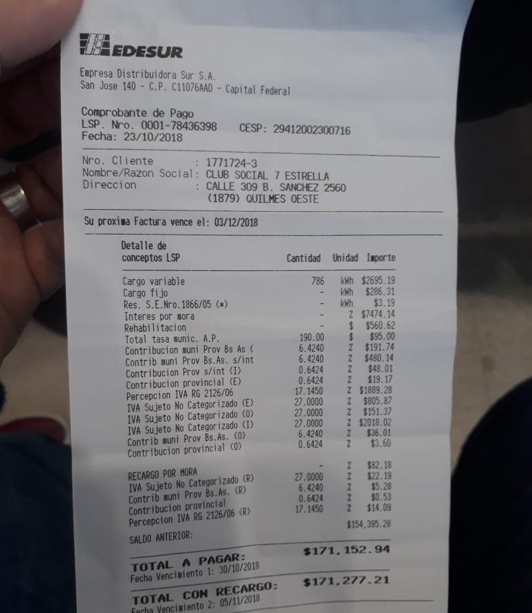 El club 7 Estrellas reclama ante Edesur por una factura de $171 mil