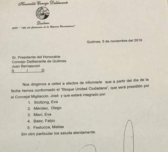 Migliaccio presidirá el nuevo bloque de UC en Quilmes